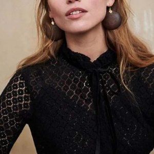 Sezane Loulou Lace Chemise Long-Sleeve Blouse XS 34 Black